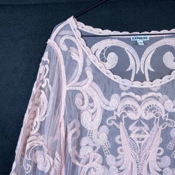 Express Womens Blouse Pink Lace Floral Mesh Sheer Long Sleeve Boat Neck Large - Picture 2 of 14